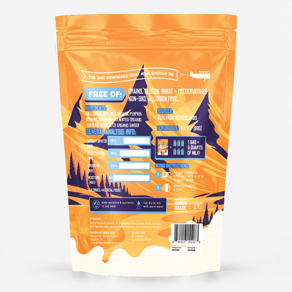 Pumpkin Spiced GOAT MILK back label with ingredients, guaranteed analysis and mixing instructions