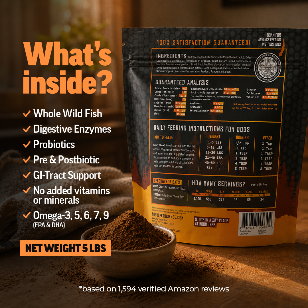 Origins 5-in-1 Fish | Dog Supplement Powder, Dog Food Topper for Gut Health, Skin & Coat, and Joint Support