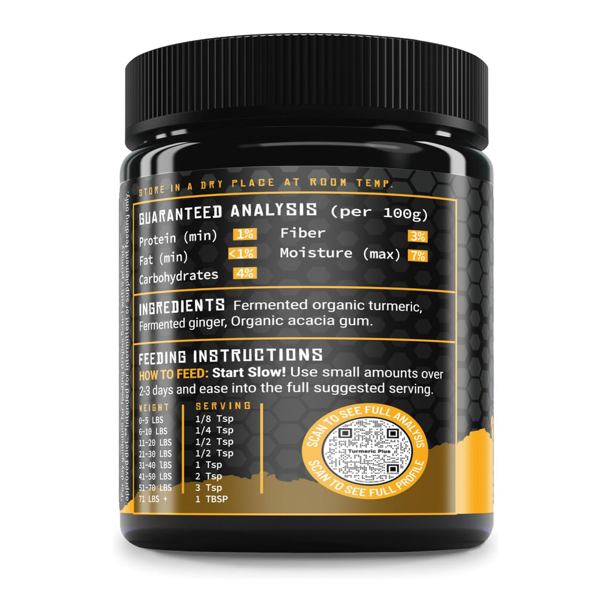 Turmeric Plus jar back label with guaranteed analysis, ingredients and feeding chart by weight