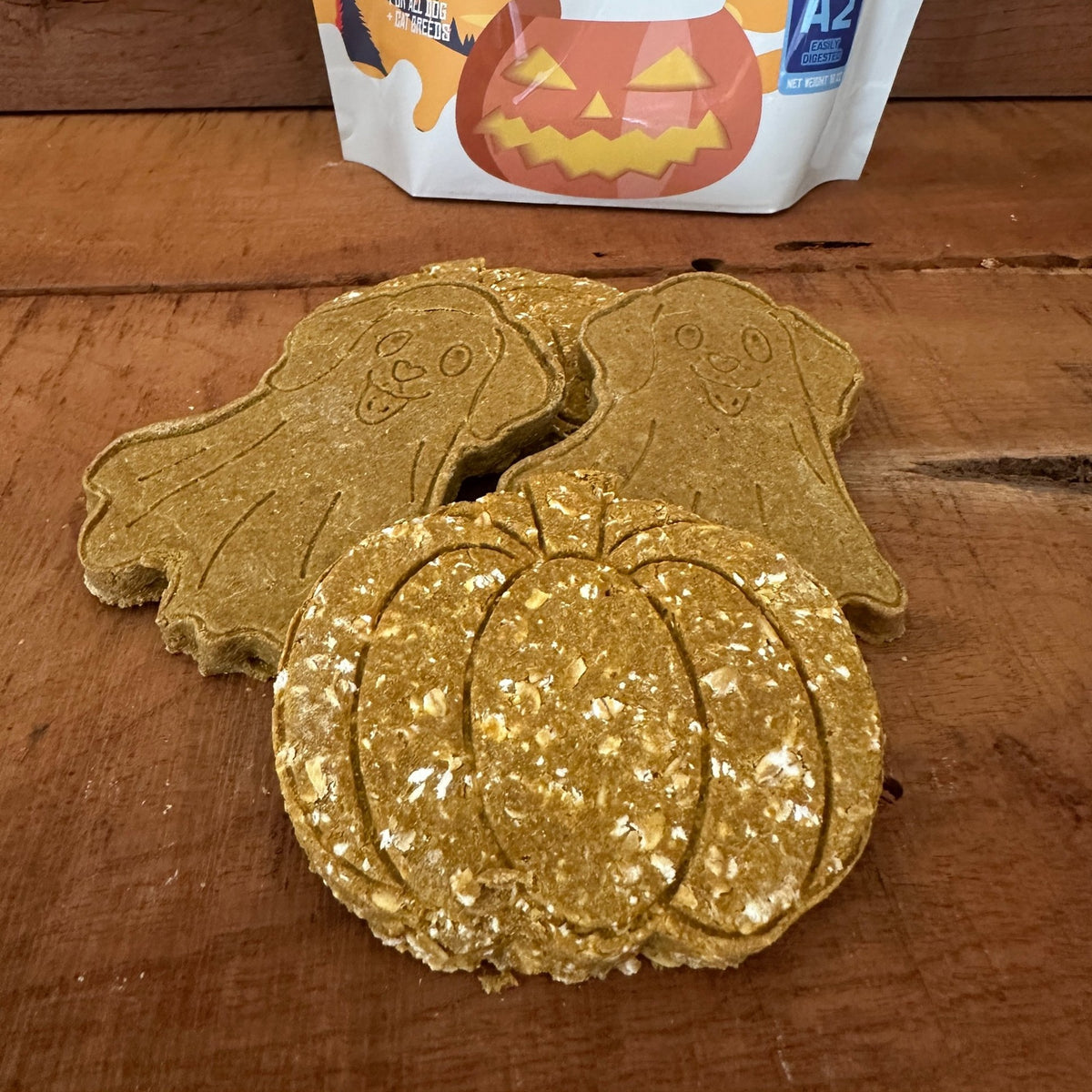 Halloween pumpkin and ghost pup dog cookies with Pumpkin Spiced GOAT MILK