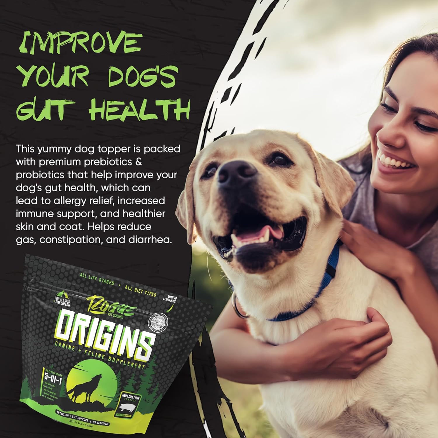 Origins 5-in-1 Dog Supplement Powder | Food Topper for Gut Health, Skin &amp; Coat, and Joint Support