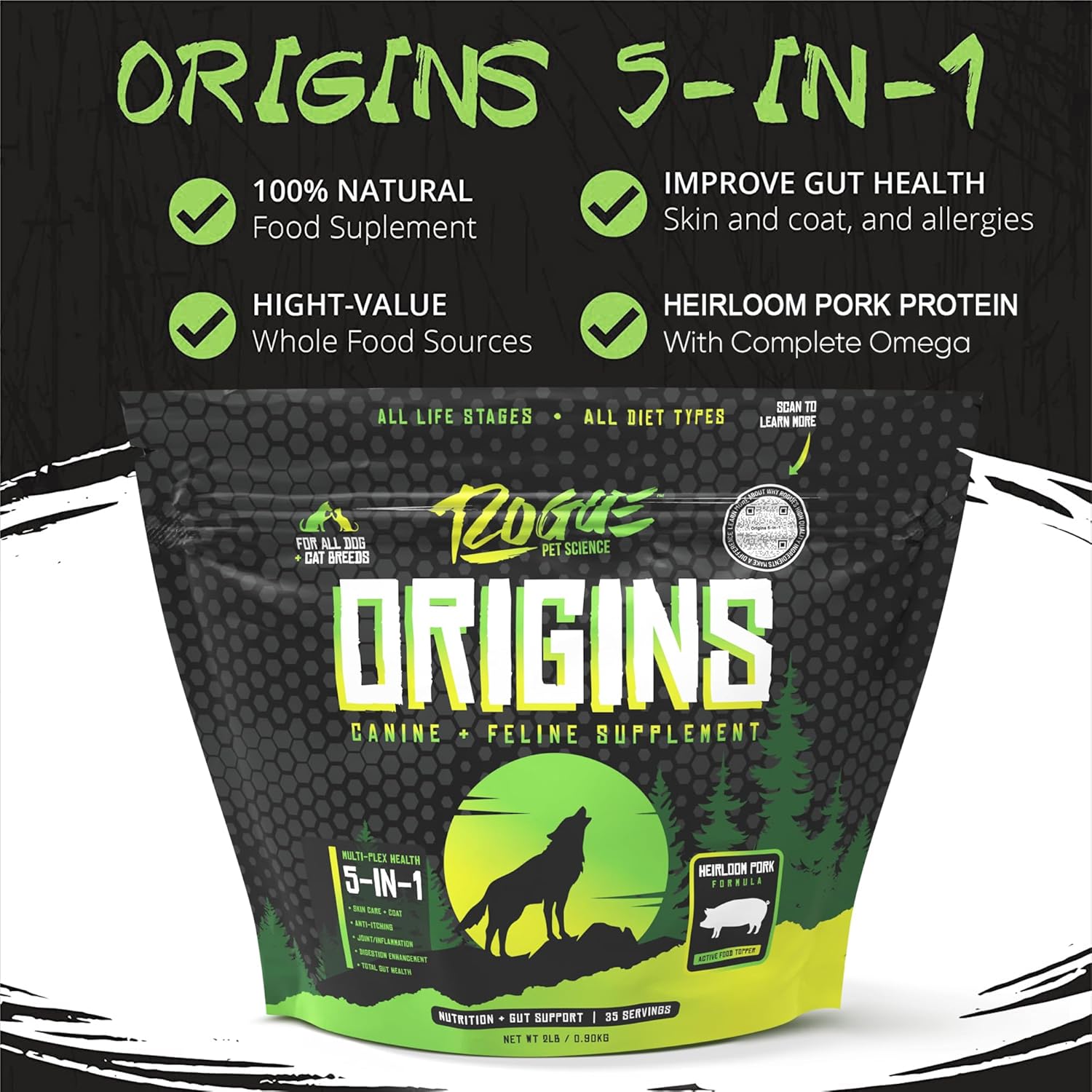 Origins 5-in-1 Dog Supplement Powder | Food Topper for Gut Health, Skin &amp; Coat, and Joint Support