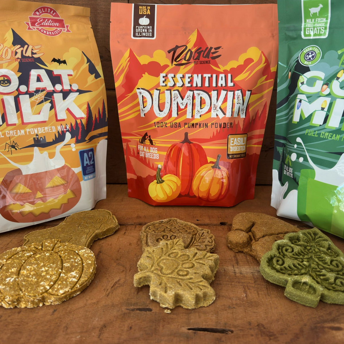 Rogue Pet Science x Pawfect Treats holiday dog cookie collection with GOAT Milk and Essential Pumpkin