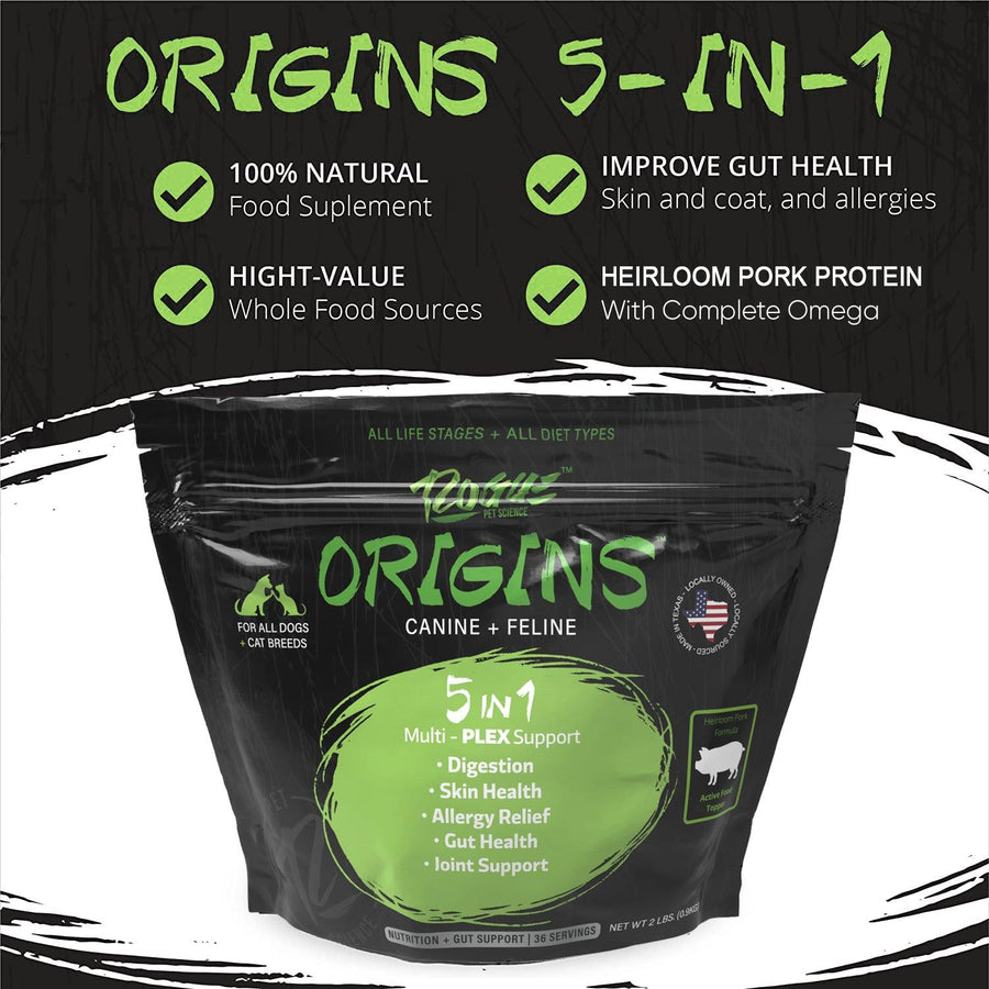 Pork-Origins 5-in-1 Dog Supplement, Powdered Food Topper for Active Dogs - Rogue Pet Science